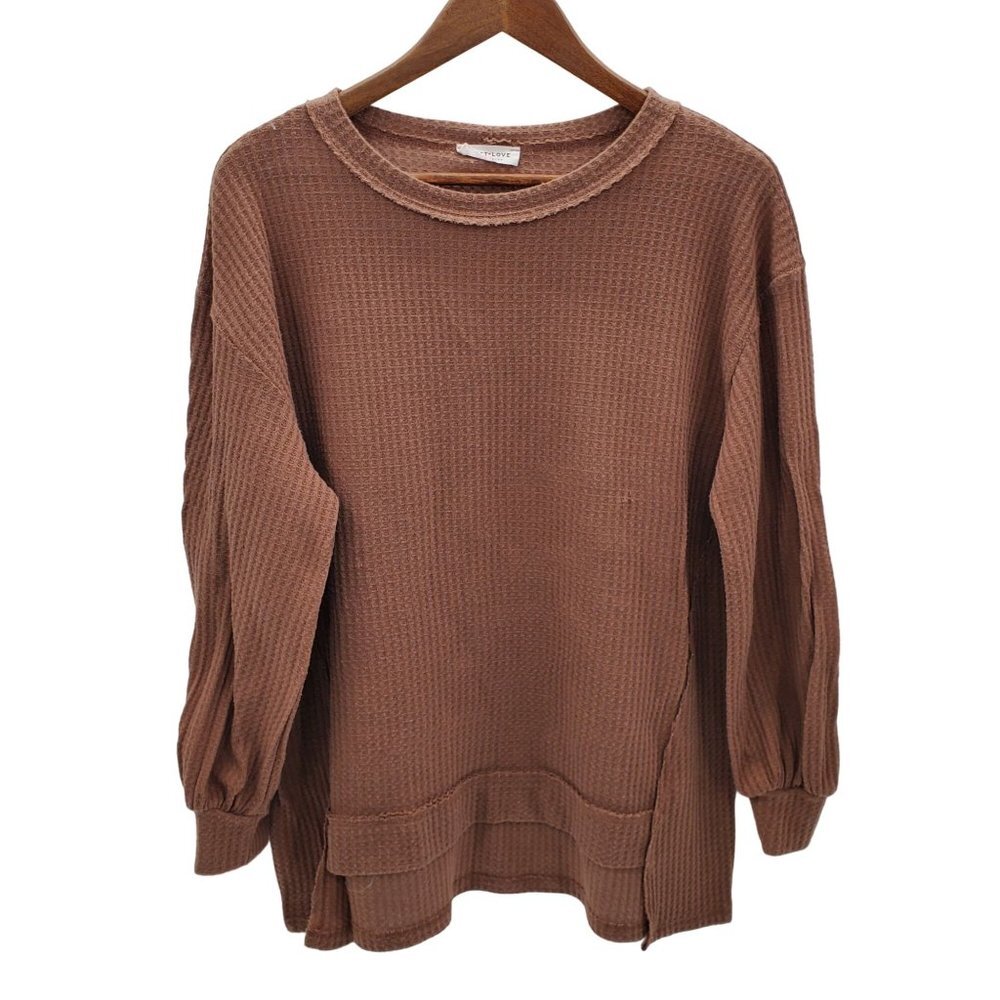 First Love Womens Brown Long Sleeve Waffle Knit Tunic Top Shirt Blouse Size S‎